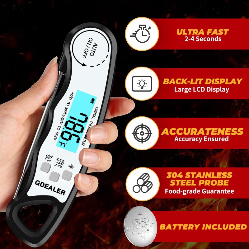 GDEALER Meat Thermometer Digital Instant Read Food Thermometer Waterproof Ultra-Fast for Grill Cooking Kitchen with Backlight & Calibration - Image 2